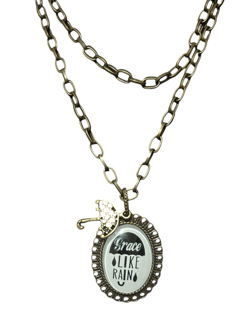 Plunder Bronze-Tone 'Grace Like Rain' Oval Pendant Necklace with Umbrella Charm